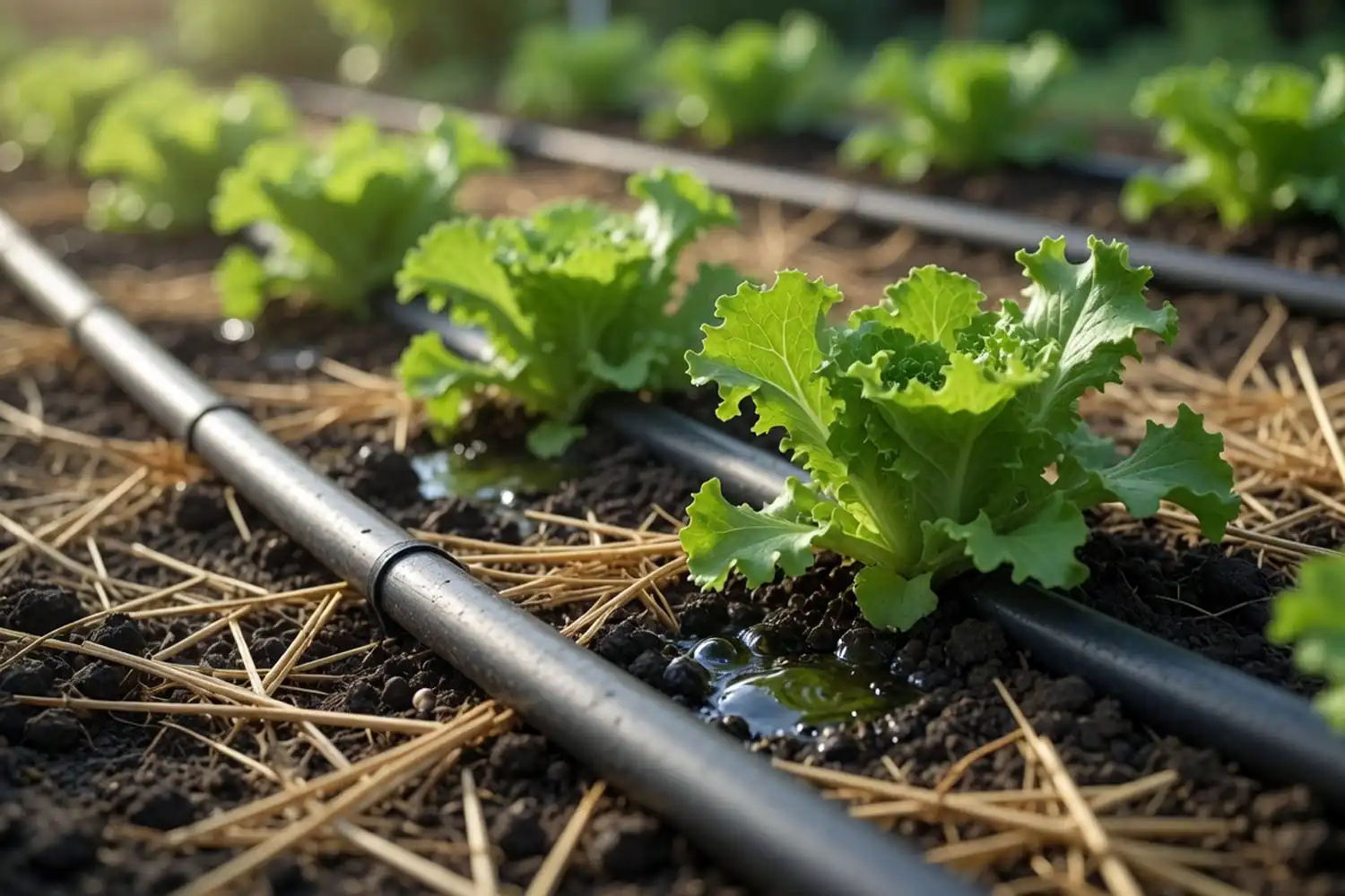 Drip line watering lettuce at the soil base in morning light, keeping leaves dry to prevent disease, the best way to water lettuce