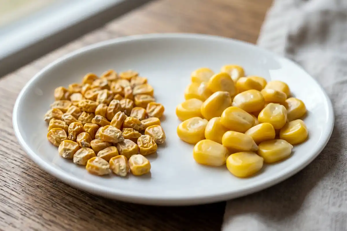 Dry corn seeds beside plumper soaked corn seeds on how soaking before planting swells the kernel