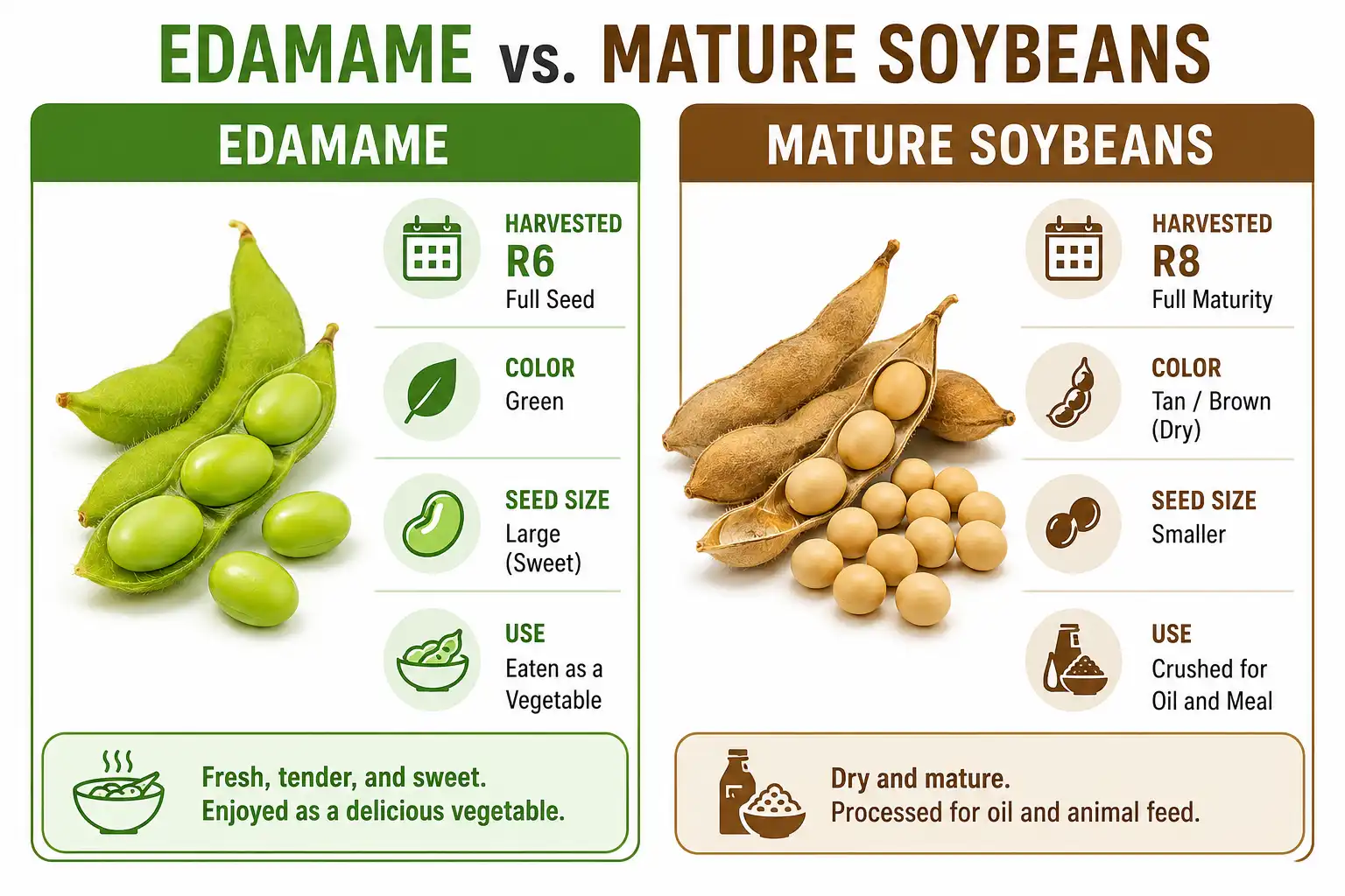 Comparison chart of the difference between soybeans and edamame by harvest stage, color, seed size, and use