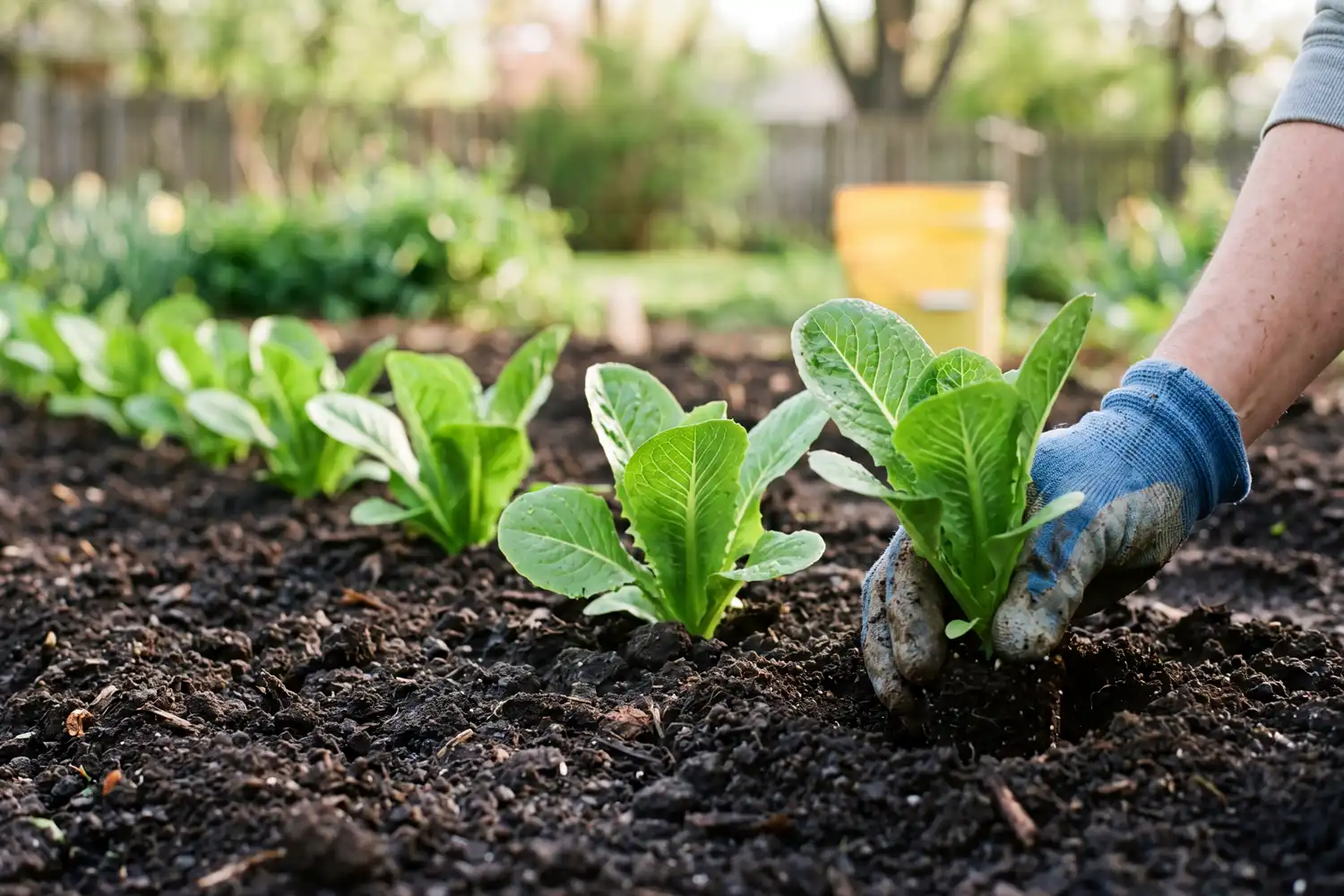 Romaine lettuce transplants spaced about 8 inches apart in a row of dark garden soil
