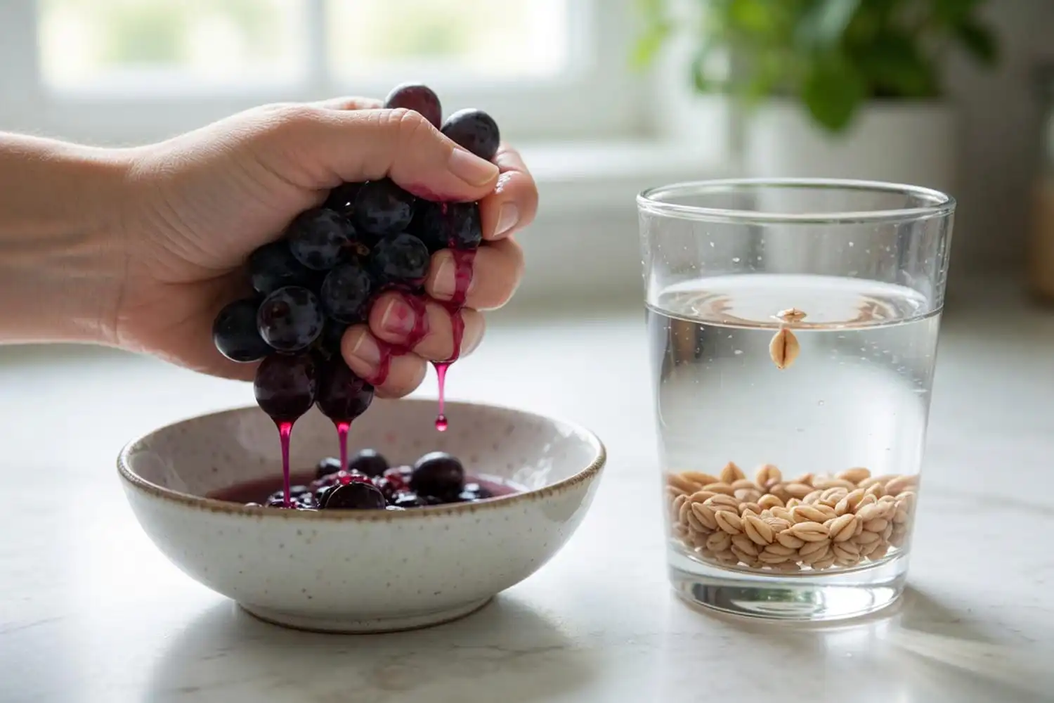 Grape seeds rinsed clean and dropped in a glass of water for a float test before stratification.