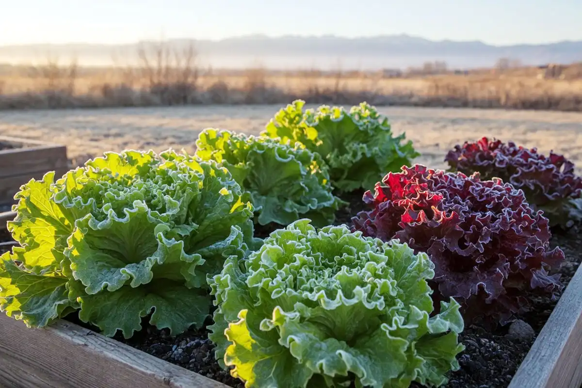 Leaf lettuce growing in a Colorado garden with light fall frost on the leaves, cold tolerance for late planting