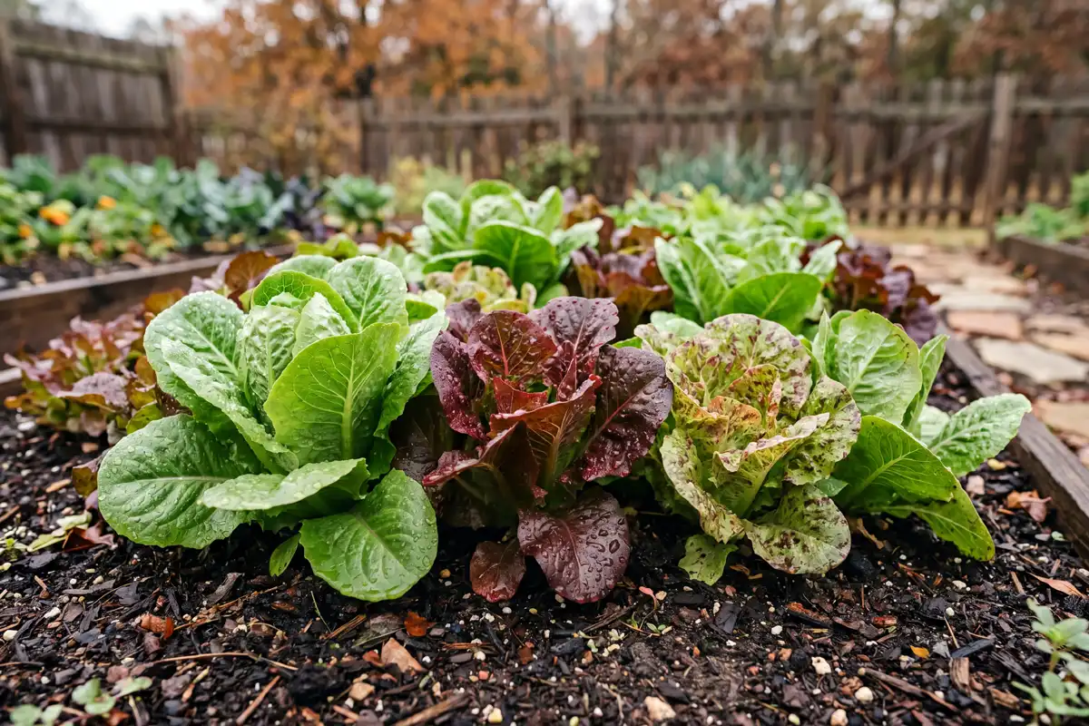 Crisp green and red fall lettuce growing in a cool-weather Arkansas garden bed