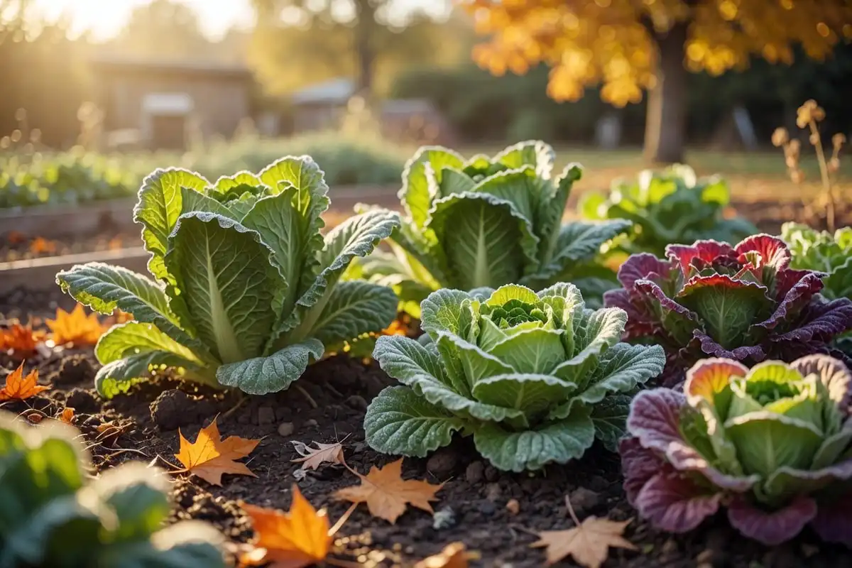 Fall lettuce heads with light frost on the leaves growing in a Connecticut garden in autumn