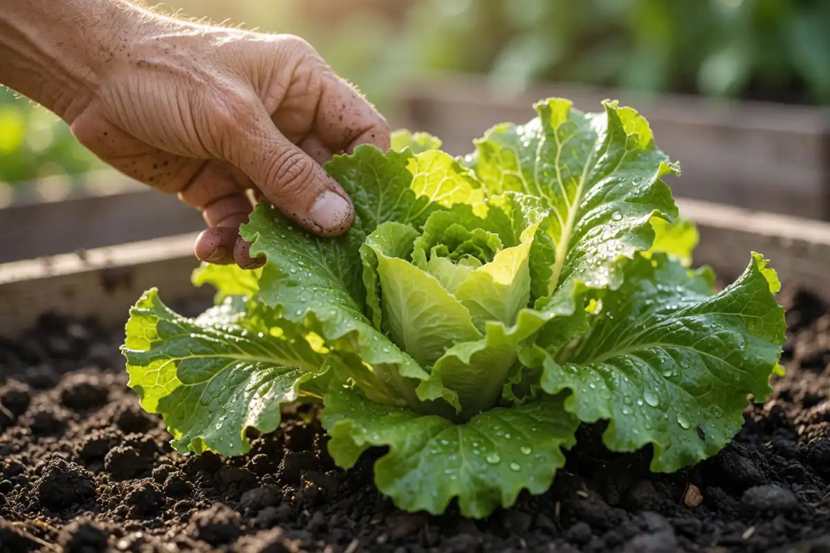 Farmer harvesting outer loose-leaf lettuce leaves at 5 to 6 inches while leaving the center to keep growing.
