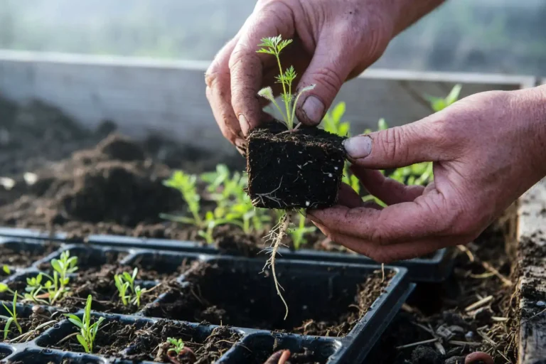 Farmer ransplanting carrots from a soil block tray into loose garden soil