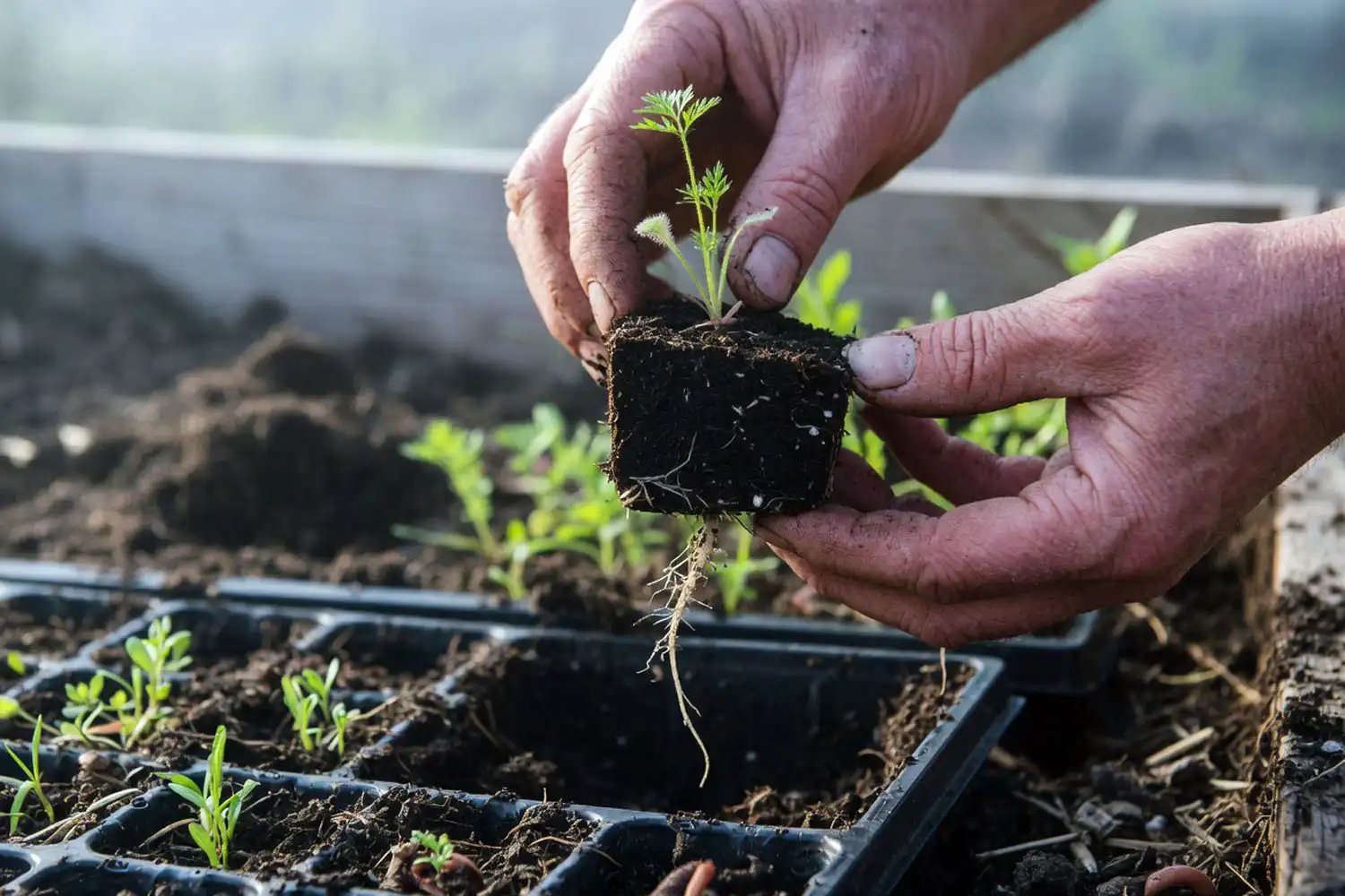 Farmer ransplanting carrots from a soil block tray into loose garden soil