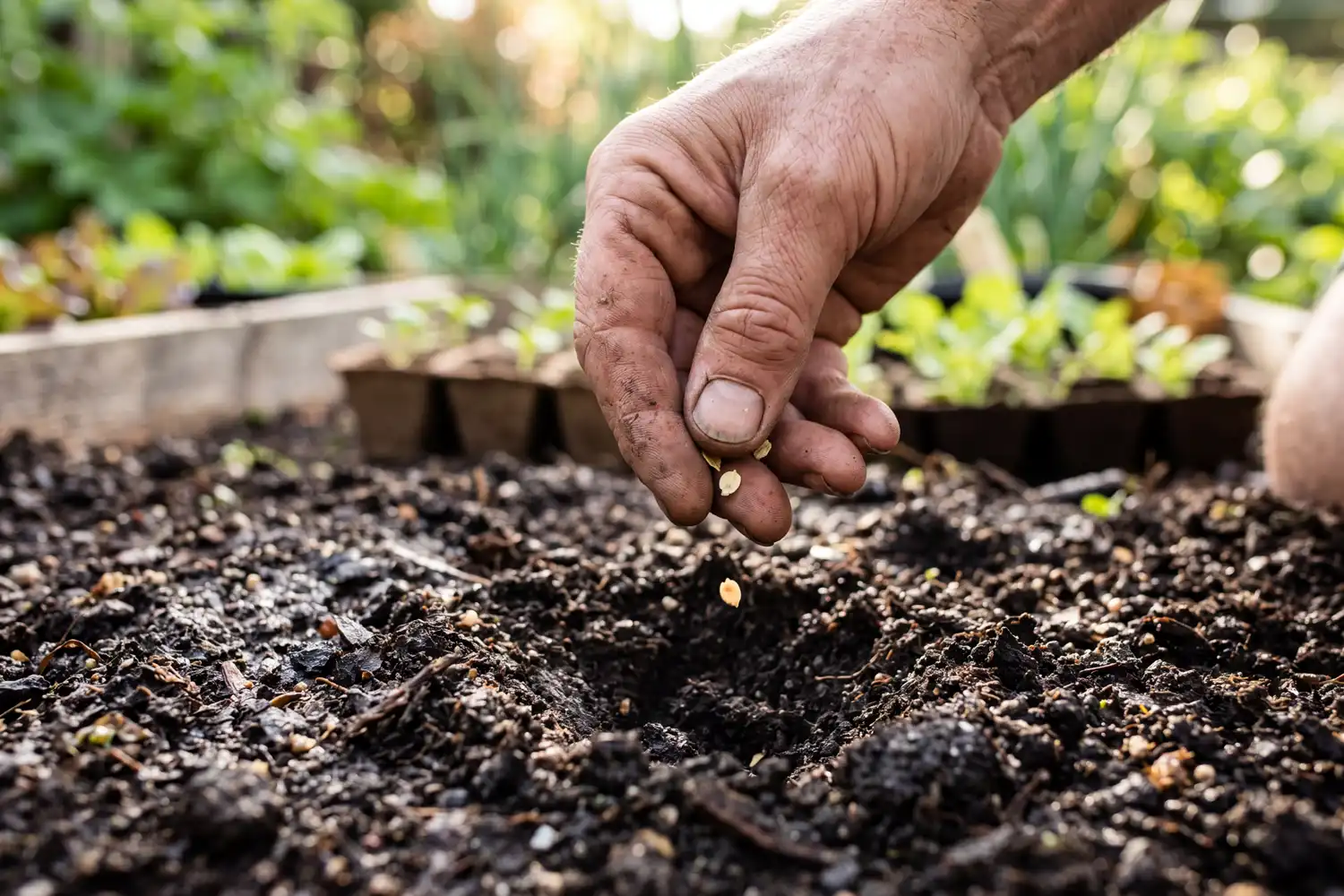 Farmer placing 2 to 3 lettuce seeds into a shallow planting hole in moist soil