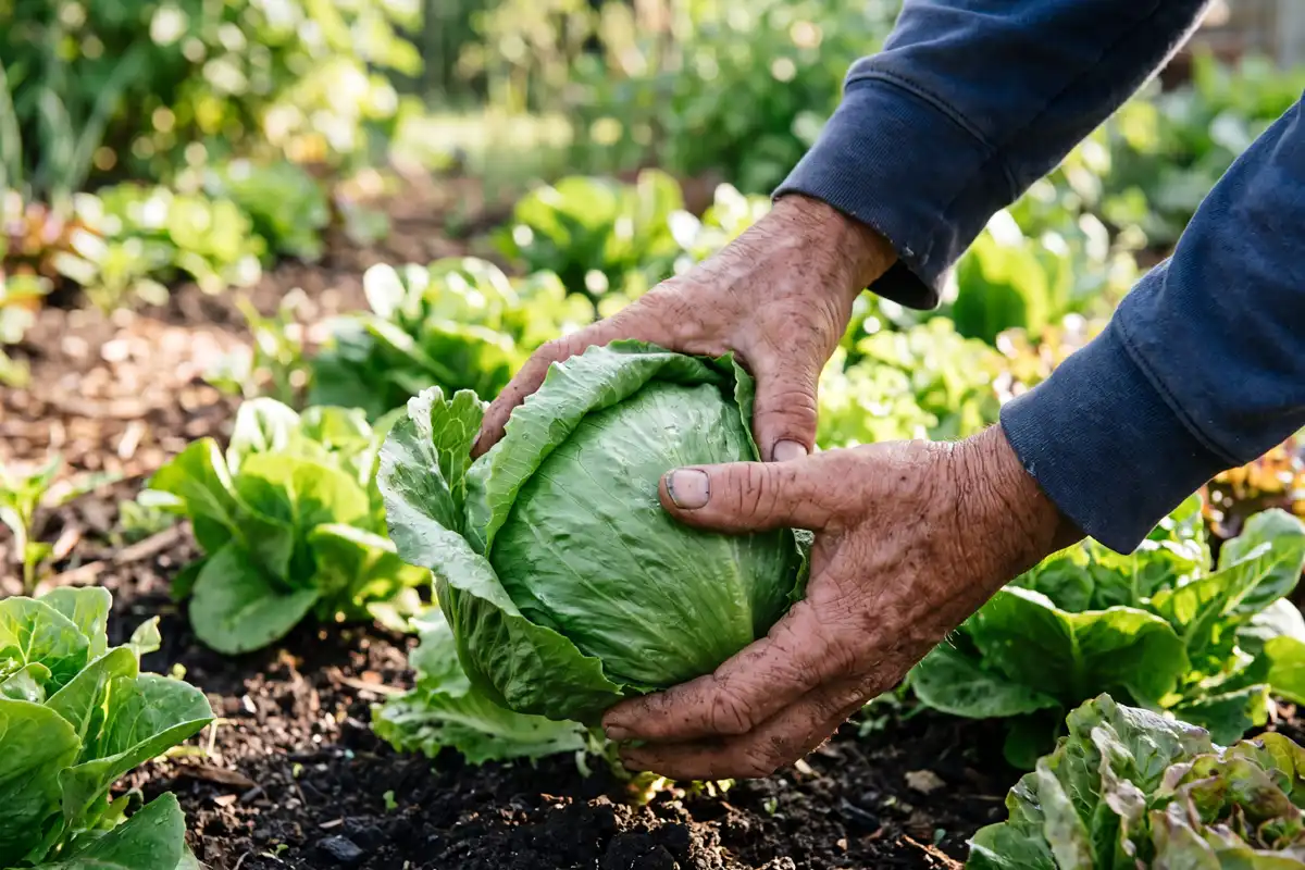 Farmer gently squeezing a firm iceberg lettuce head to check if it is ready to harvest