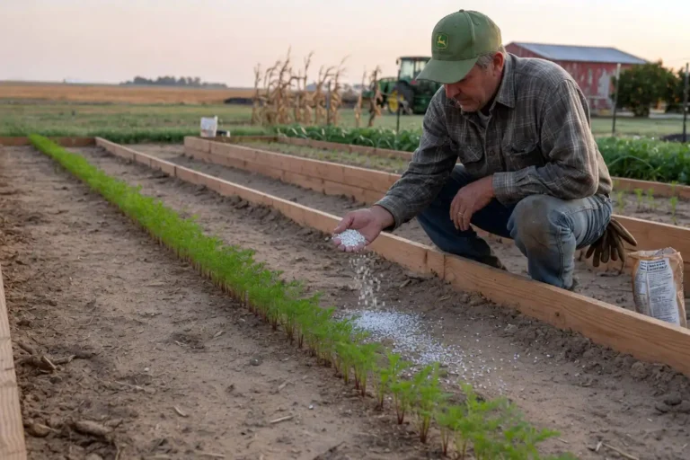 Farmer side dressing low nitrogen fertilizer beside young carrot seedlings