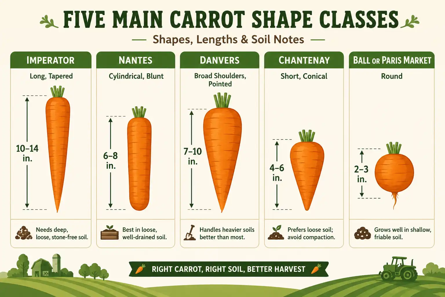 Infographic of Imperator, Nantes, Danvers, Chantenay, and Ball carrot types by shape and size