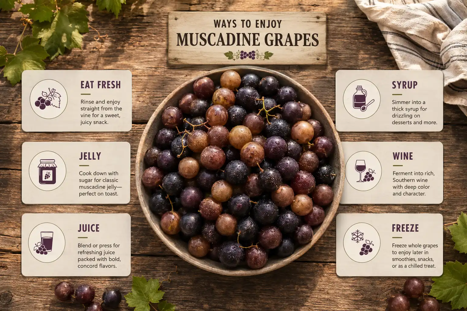 Infographic of what to do with muscadine grapes about eat fresh, jelly, juice, syrup, wine, and freezing options