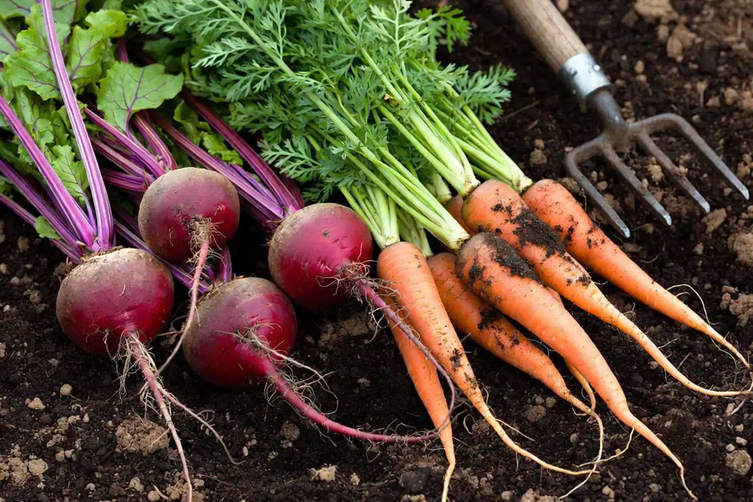 Harvested beets and carrots side by side of their different mature root shapes and sizes at harvest time
