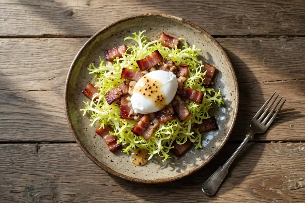 Frisée used in a classic aux lardons salad with bacon, a poached egg, and warm vinaigrette