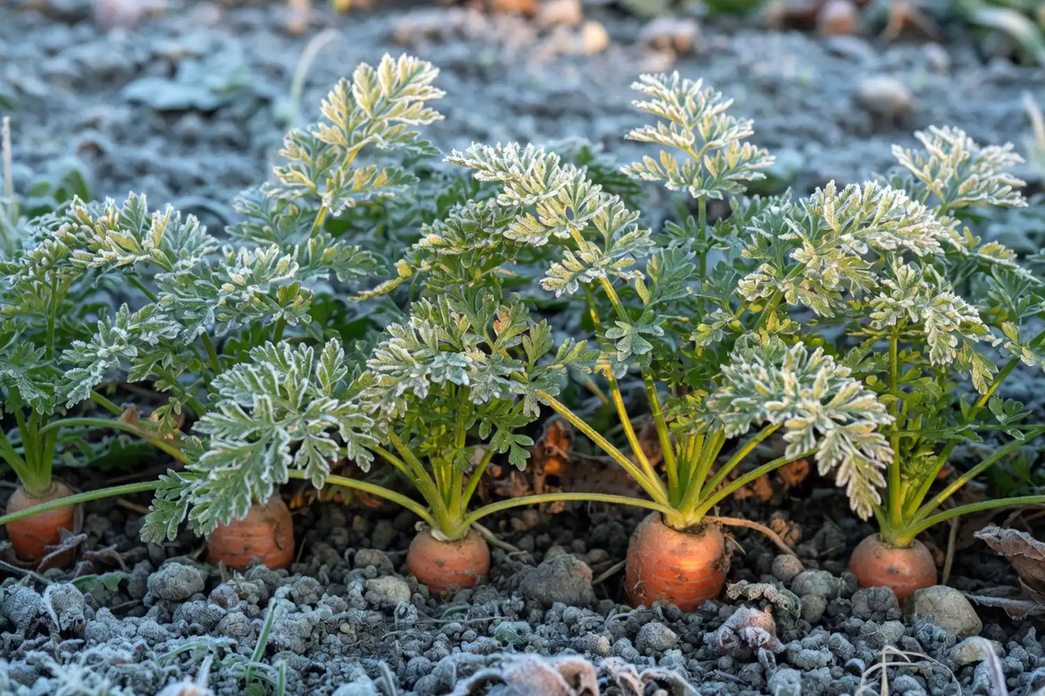 Frost coating carrot foliage in fall, the cold that makes unharvested carrots sweeter