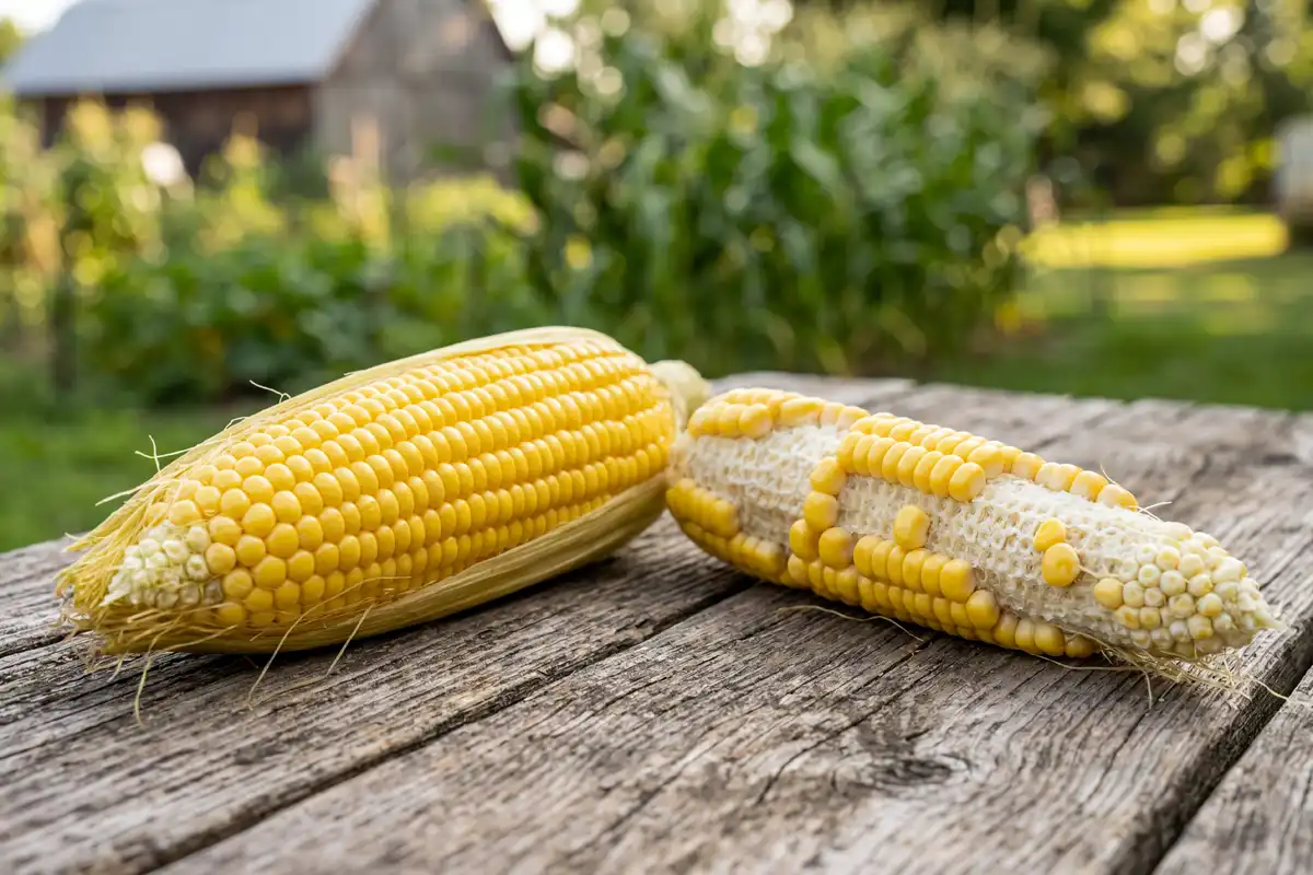 Comparison of a fully pollinated block-grown corn ear and a gap-toothed ear from a single row