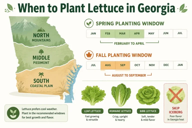 Infographic of when to plant lettuce in Georgia, with spring and fall planting windows for north, middle, and south regions.