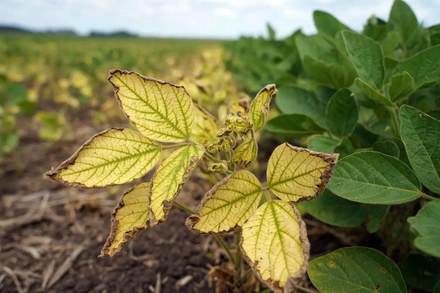 Conventional soybean leaves yellowing and browning from glyphosate injury with interveinal chlorosis