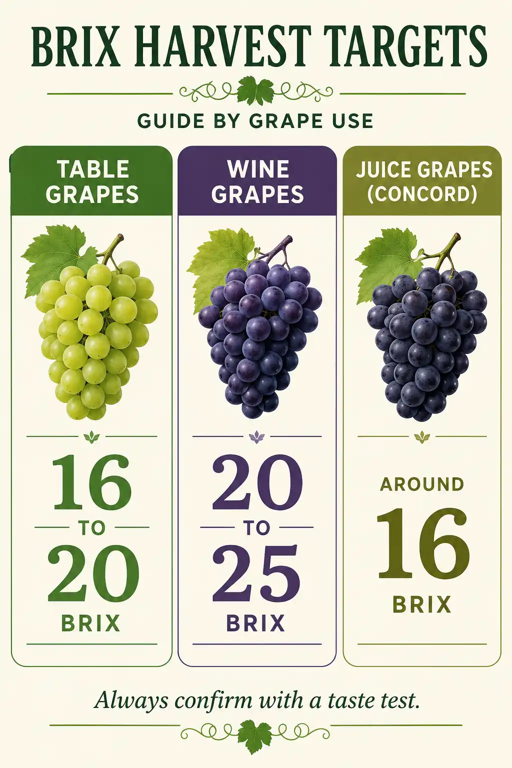 Chart of Brix harvest targets for table grapes, wine grapes, and juice grapes