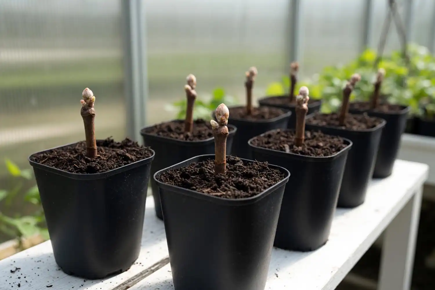 Grape cuttings set upright in pots of soil with only the top bud above the surface
