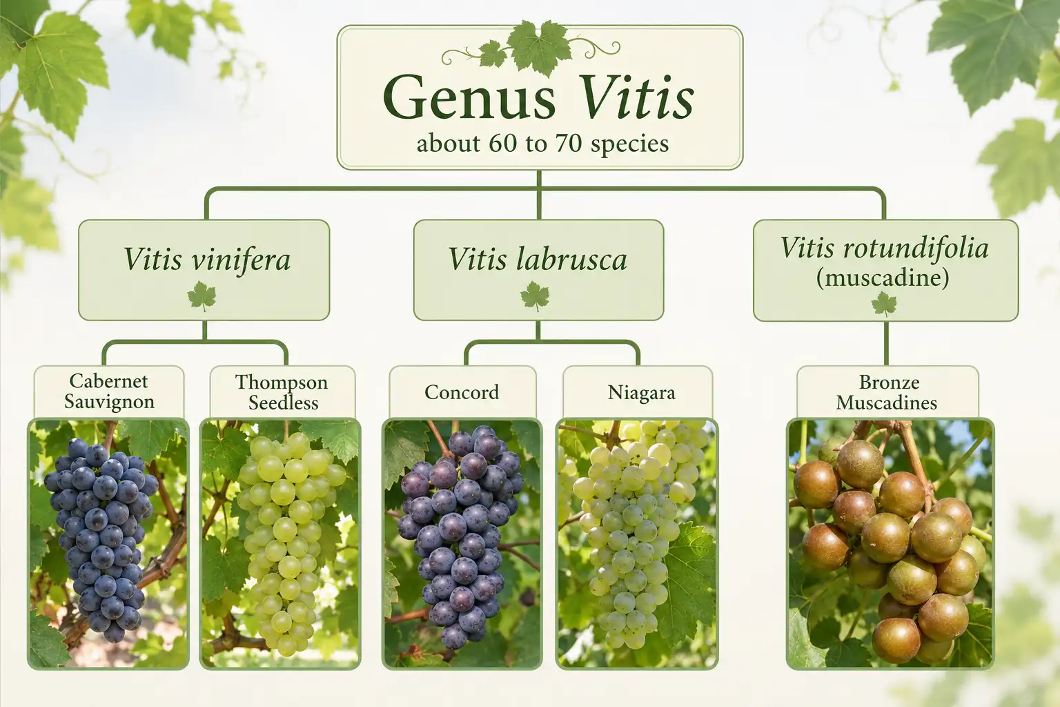 Grape family tree diagram of the genus Vitis, its main species, and example grape varieties grouped under each species.