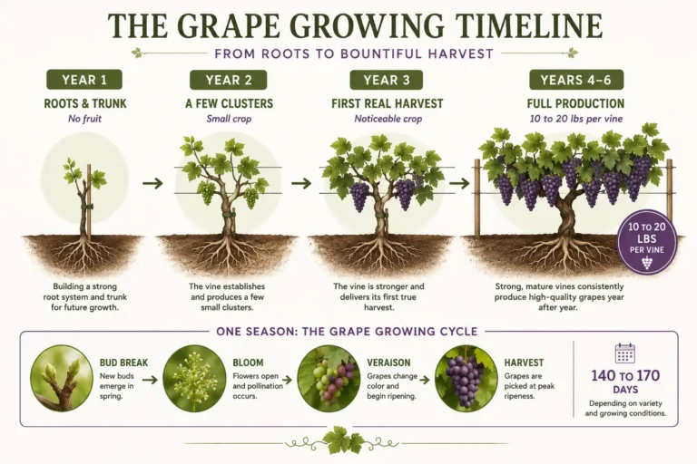 Infographic on how long it takes grapes to grow, from planting through a first harvest at year three to full production by year six.