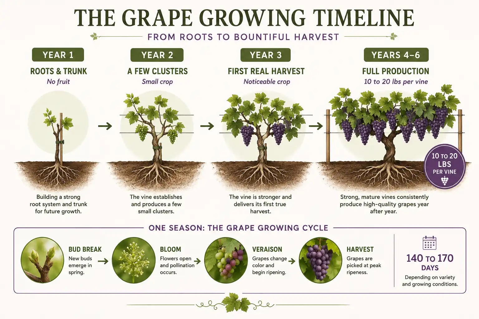 Infographic on how long it takes grapes to grow, from planting through a first harvest at year three to full production by year six.