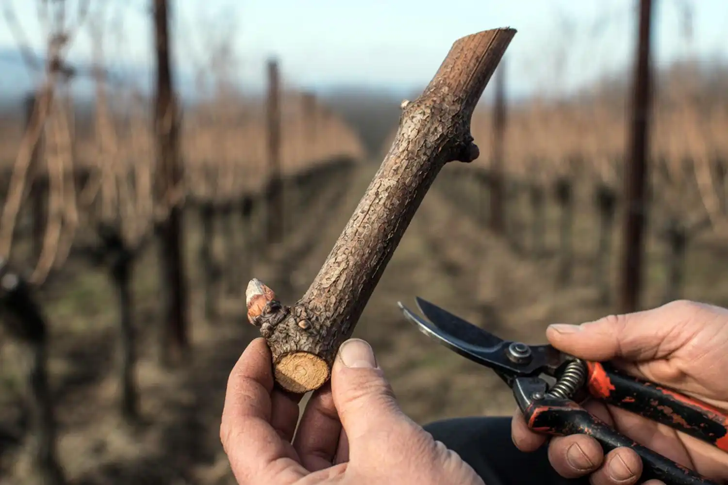 Close-up of a grape cutting with a flat bottom cut below a bud and an angled top cut