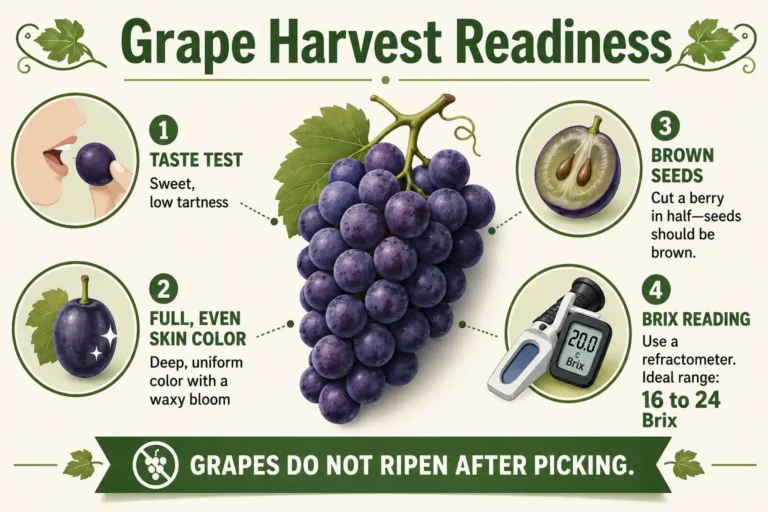 Infographic on when grapes are ready to harvest using taste, full color, brown seeds, and Brix sugar level