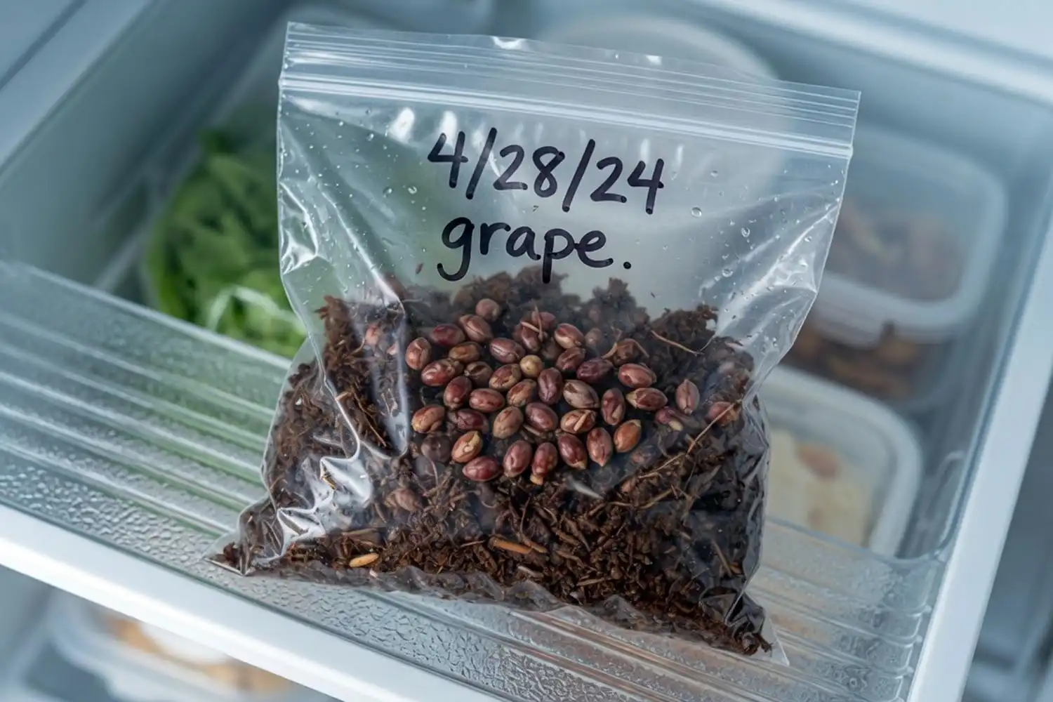 Grape seeds stored in damp peat moss inside a labeled bag for 90 to 120 days of cold stratification.