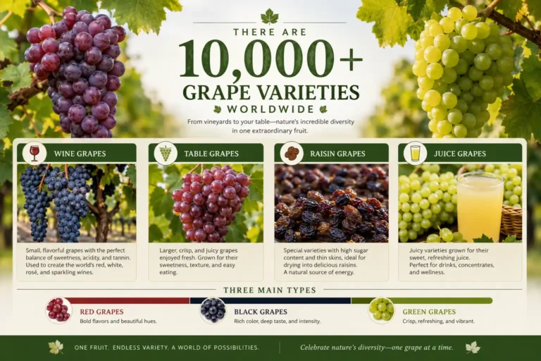 Infographic on varieties of grapes are there about 10,000 worldwide split into wine, table, raisin, and juice types.