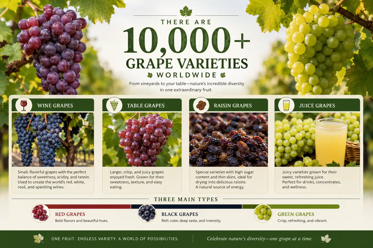 Infographic on varieties of grapes are there about 10,000 worldwide split into wine, table, raisin, and juice types.