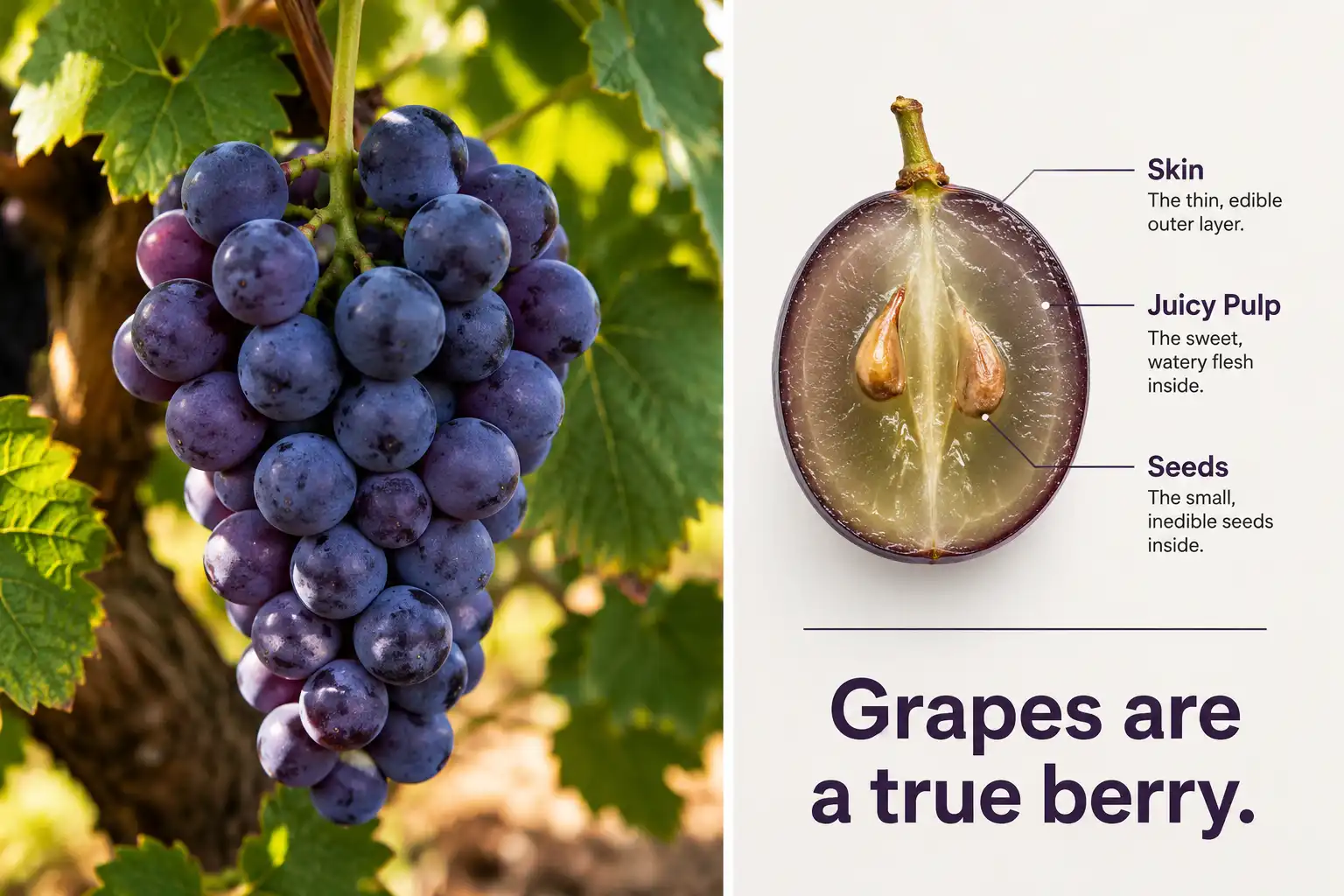 Grapes are a true berry infographic with vine and sliced fruit
