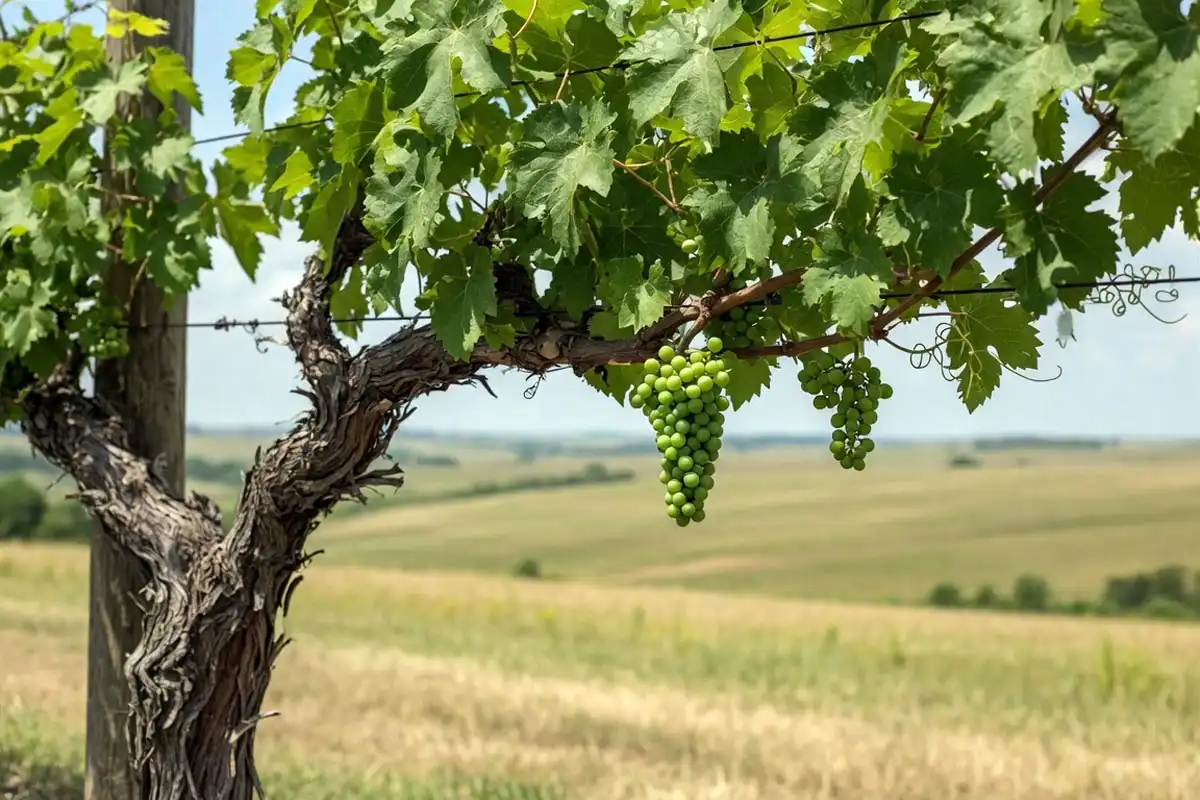 Woody grapevine on a trellis with tendrils and green grape clusters, showing the plant grapes grow on