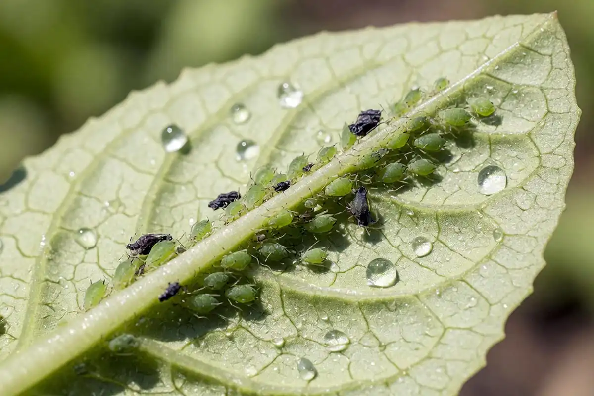 Close-up of green peach aphids and honeydew on the underside of a lettuce leaf