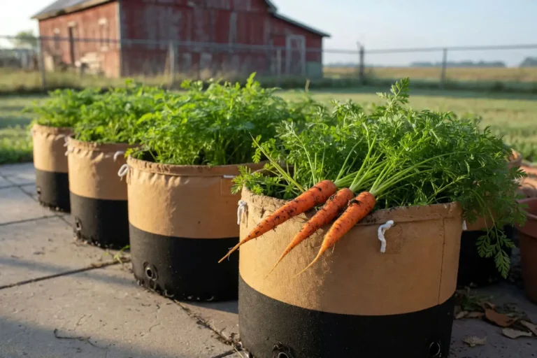 Fabric grow bags filled with carrot tops showing what size grow bag for carrots works on a patio