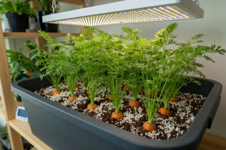 Carrots growing in a deep media based hydroponic container under a grow light