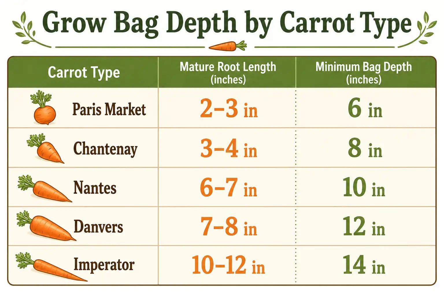 Chart matching carrot varieties to the grow bag depth each one needs