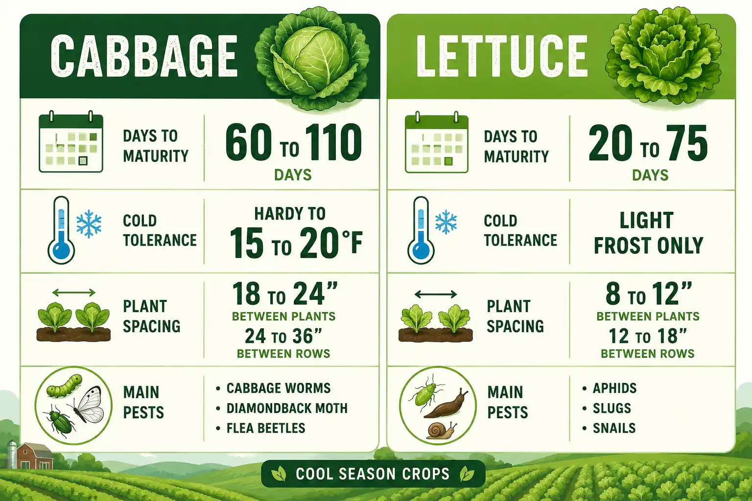 Infographic on cabbage and lettuce growing time, cold tolerance, spacing, and pests