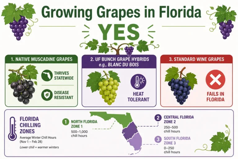 Infographic of grow grapes in Florida, about muscadines and Pierce's disease resistant bunch grapes thrive while standard wine grapes fail
