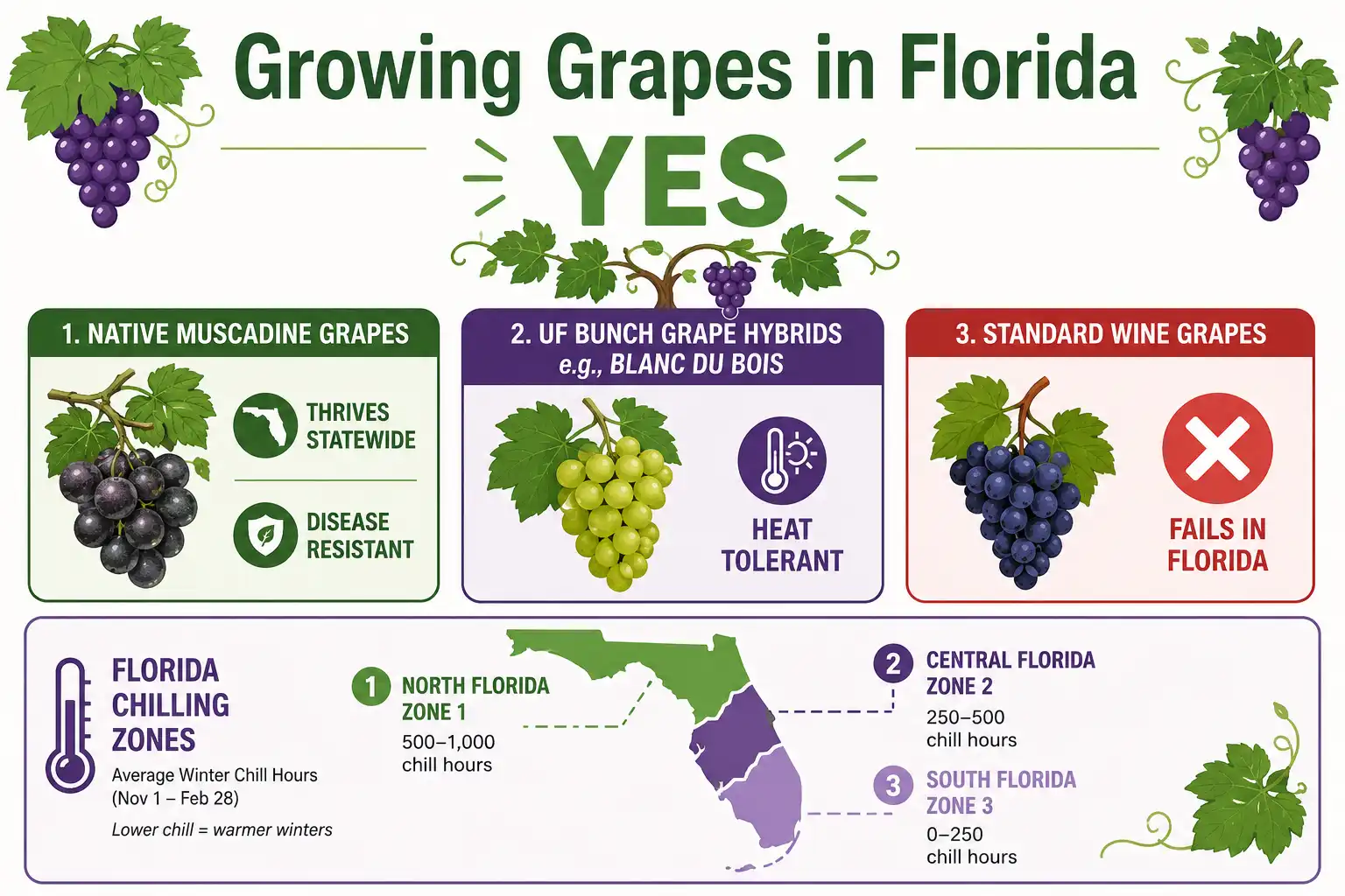 Infographic of grow grapes in Florida, about muscadines and Pierce's disease resistant bunch grapes thrive while standard wine grapes fail