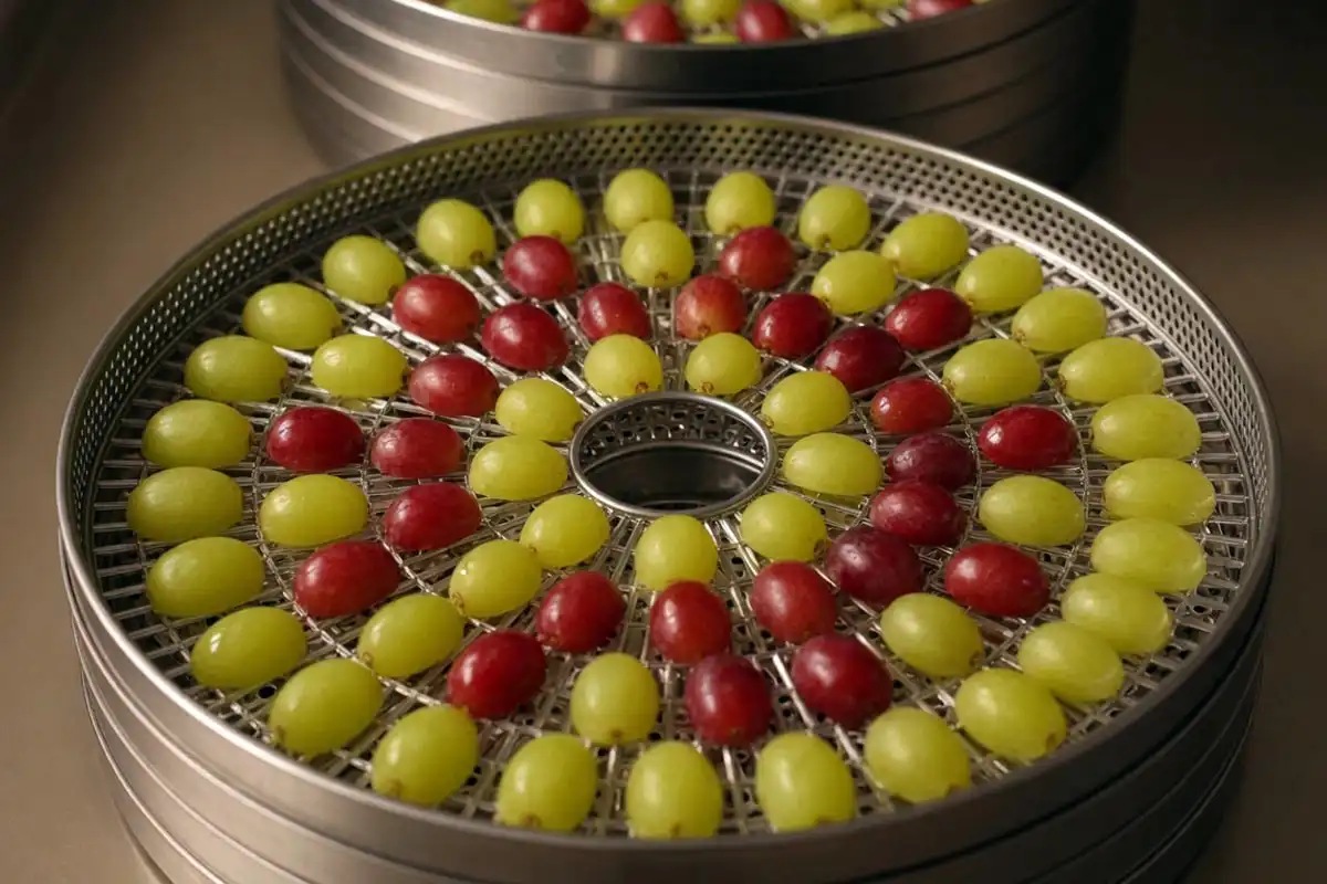 Halved grapes spaced in a single layer on dehydrator trays, ready to dry into raisins at 135 degrees.