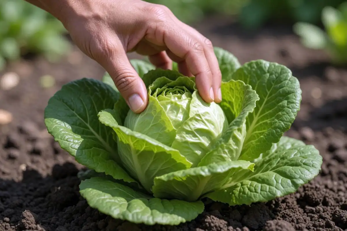 Testing a lettuce head for firmness by gently squeezing the center to check if it is ready to harvest.