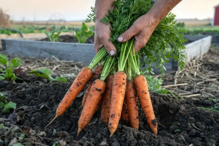 Farmer harvesting mature carrots from the soil, focusing when you can harvest your carrots at full size