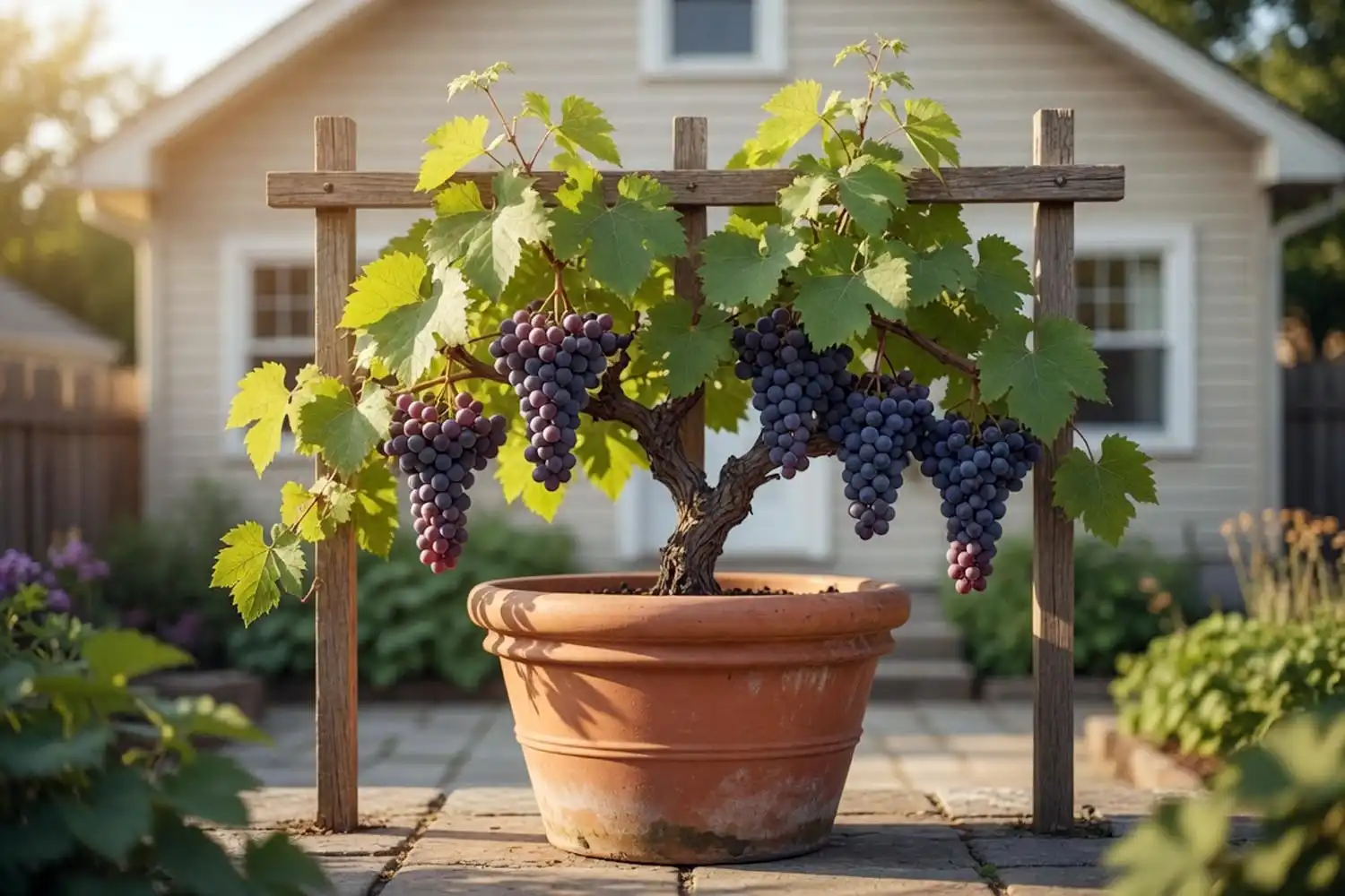 A grapevine growing in a pot on a patio with ripening clusters, showing grapes can be grown in a container