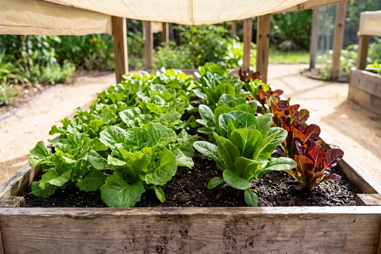 Lettuce growing in a compost-amended raised bed in a Florida garden with steady moisture and light shade
