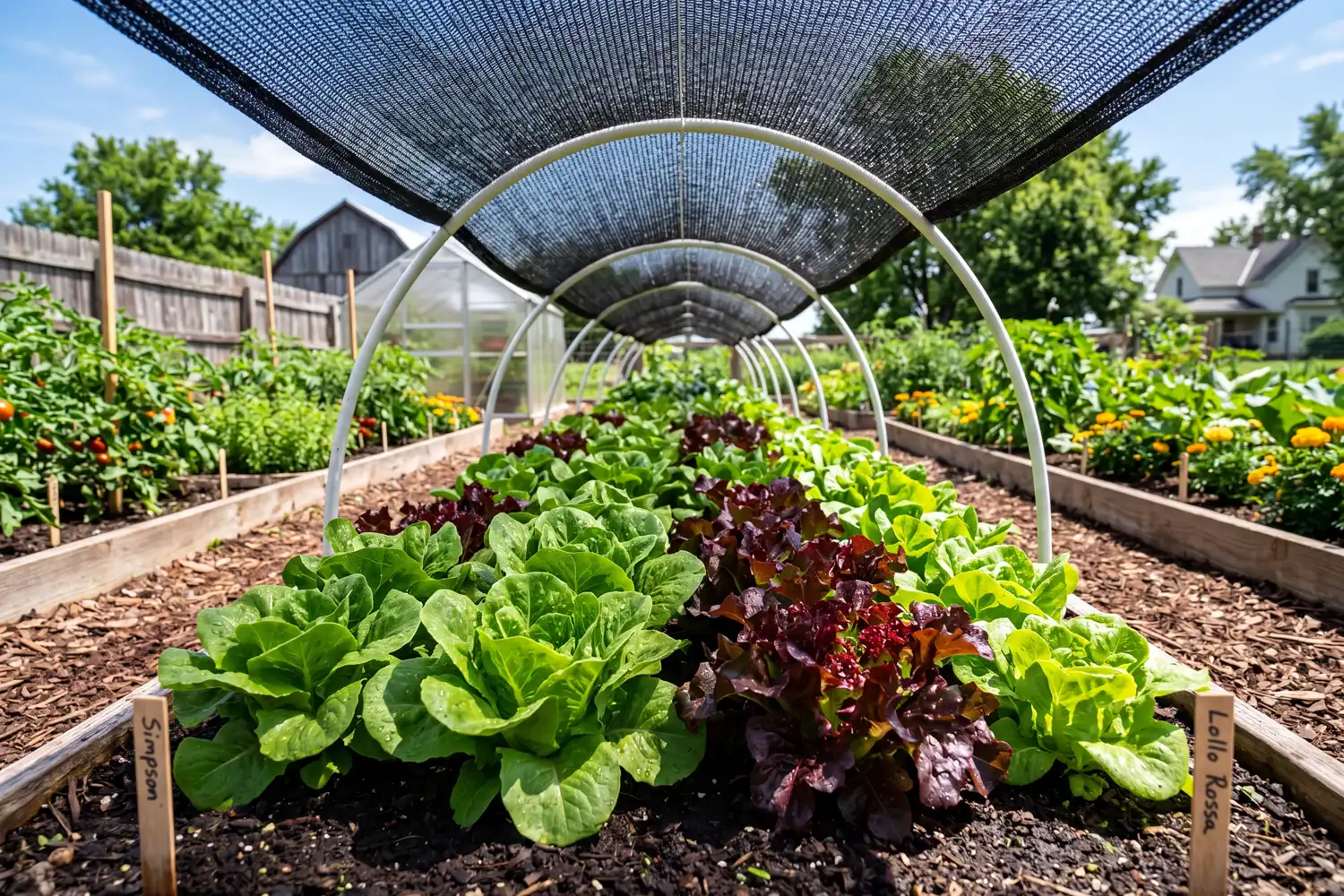 Heat tolerant lettuce growing under black shade cloth in a summer garden bed