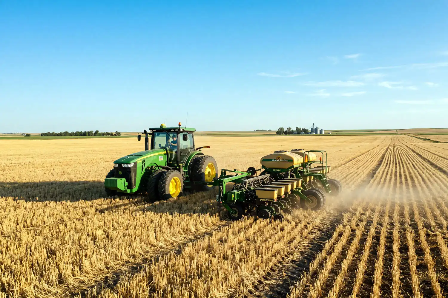Farmer planting late soybeans into wheat stubble in July