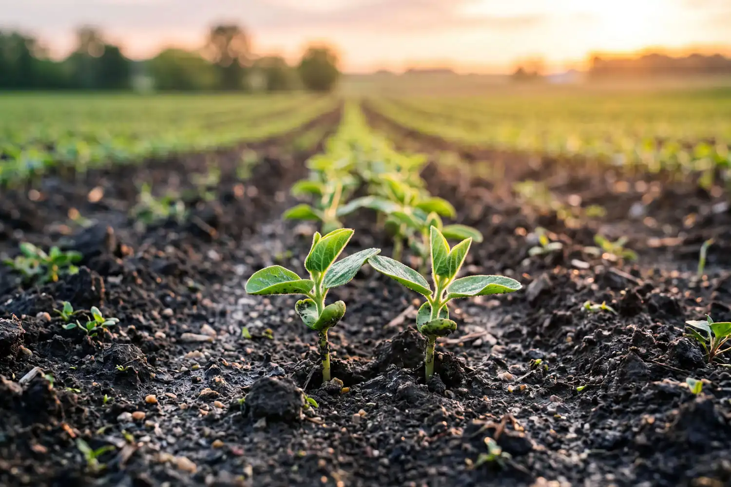 Young soybean seedlings emerging from moist soil with cotyledons unfolding in a farm field