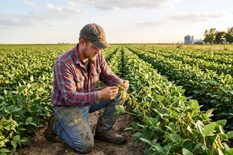 Farmer checking how long it takes soybeans to grow by inspecting pods in a Kansas field